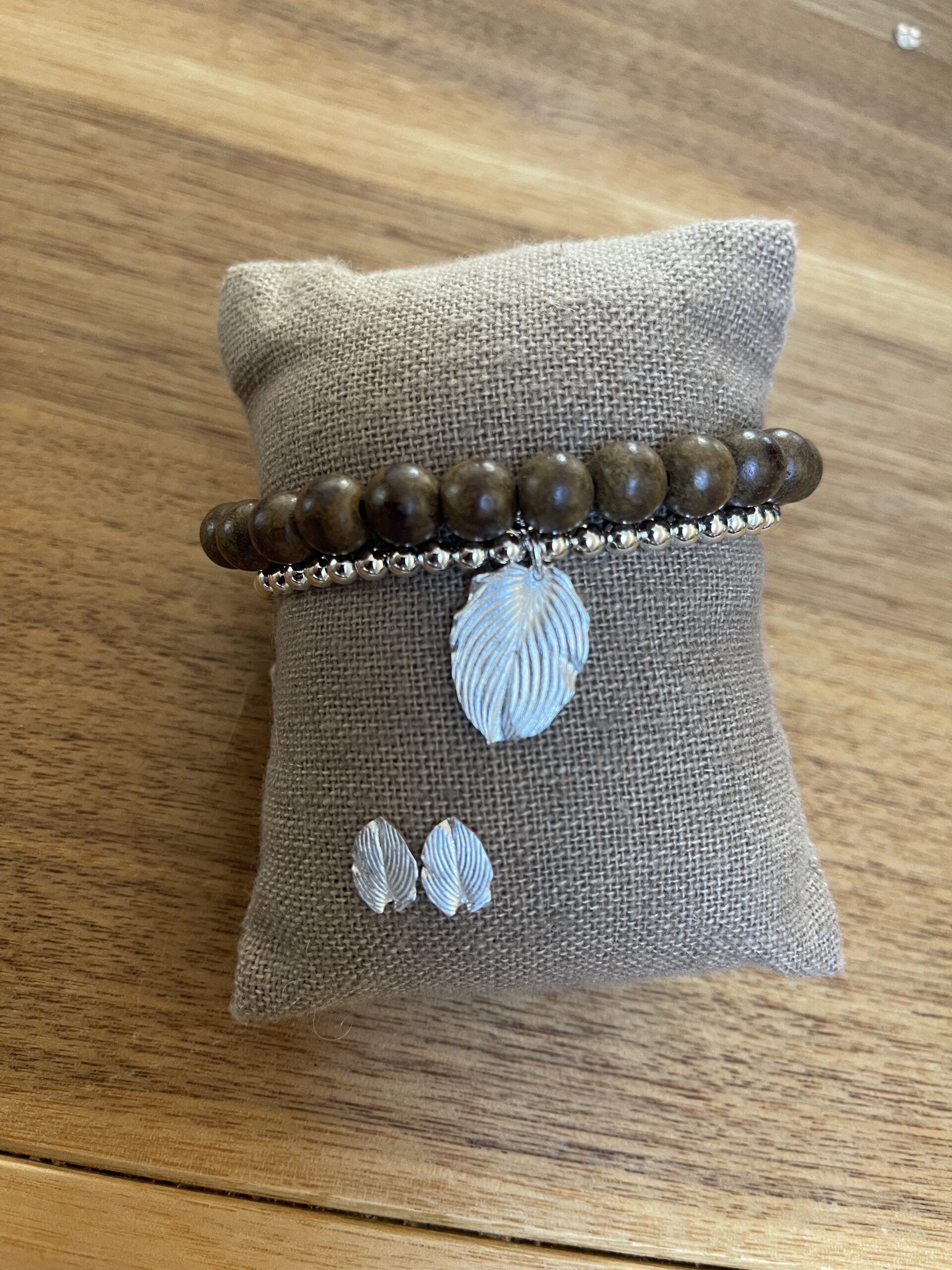 SCHMUCKSEIN Set Rosenholz mit Kugelarmband Silber 925 mit Kunstsinn-Blatt M & Ohrstecker Kunstsinn XS