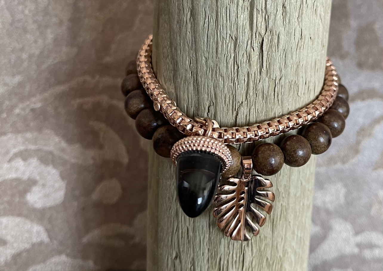 SCHMUCKSEIN Set Silberarmband Strech mit Eichel Oliv perliert 15x22mm & Rosenholz mit Philoblatt in Silber 925 Rose vergoldet